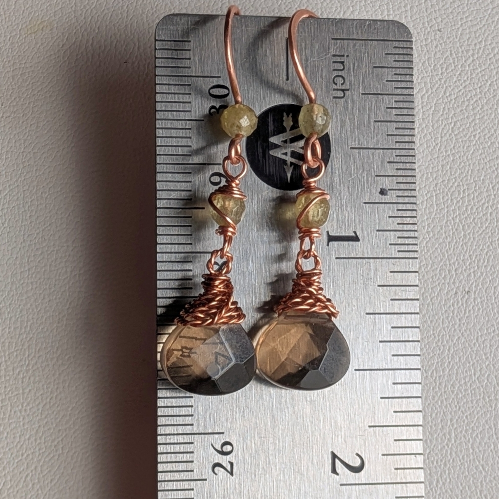 Smokey Quartz Earrings Green Garnet Accents Dangle Drop Artisan Handmade - Picture 3 of 12